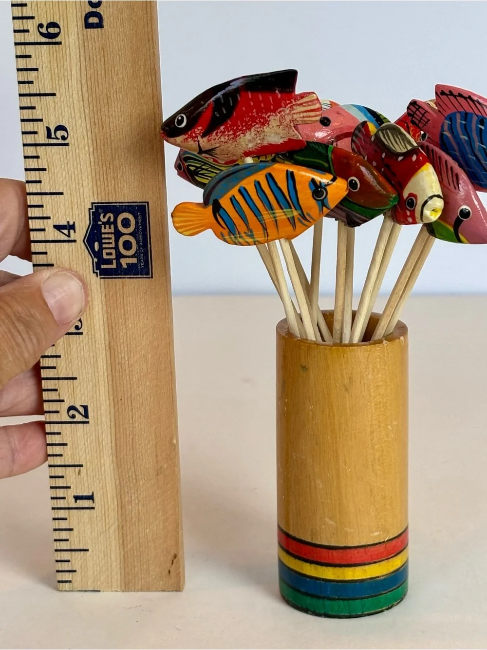 Hand-Painted Wooden Tropical Fish Cocktail Picks with Bamboo Holder Set of 12